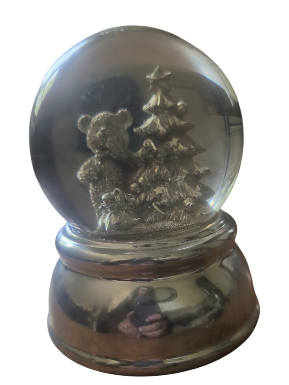Silver Tone Teddy Bear Christmas Snow Globe Musical Holiday Decor